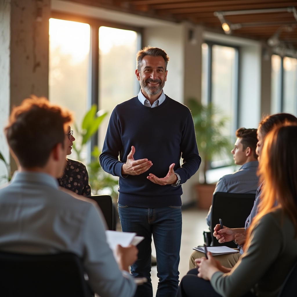 Mentor experimentat discutând cu un grup de tineri absolvenți într-un spațiu de coworking luminos