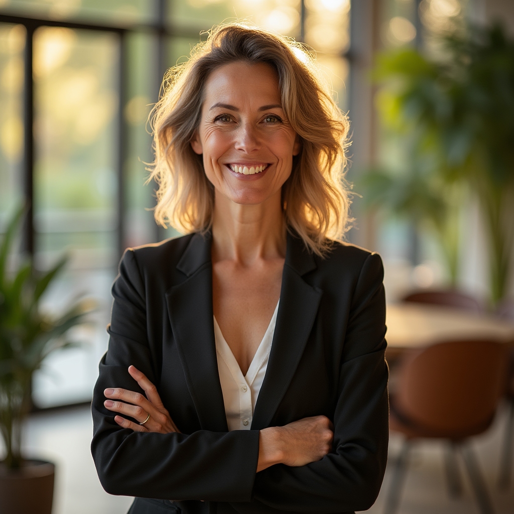 Portret al unui mentor experimentat, cu privire calmă și încrezătoare, într-un birou luminos