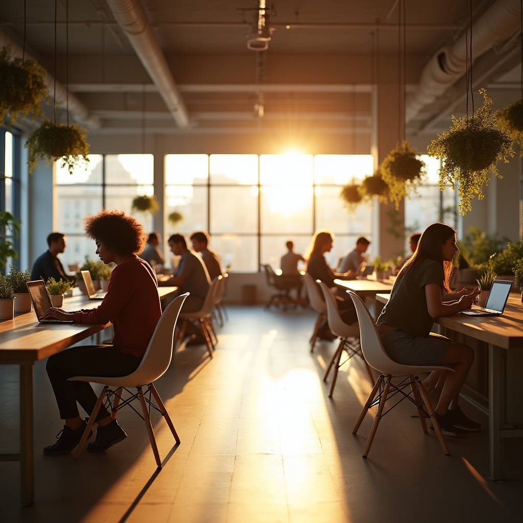 Spațiu de coworking luminos cu plante, mese comune și tineri profesioniști lucrând individual și în grup